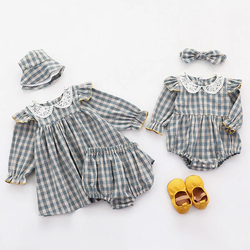 

Infant Kids Baby Girl Sister Dress Rompers Girl Long Sleeve Grid Dress Rompers Spring Autumn Baby Girl Newborn Rompers Clothes