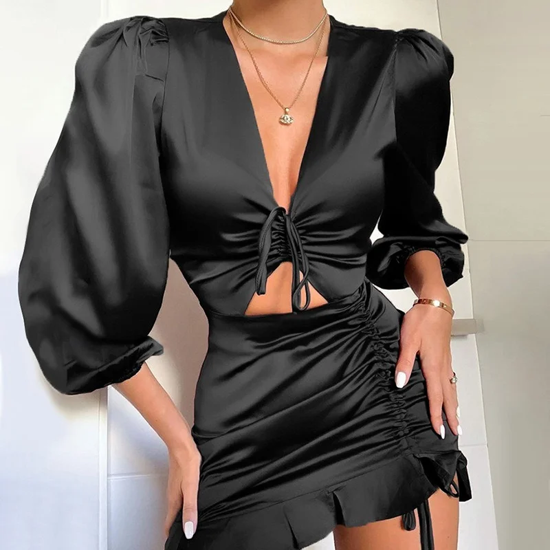 

Ladies Fashion Summer Dress Drawstring Irregular Satin Hollow Hip V-neck Sexy Dress Long Sleeve High Waist Ruffled Club Dress