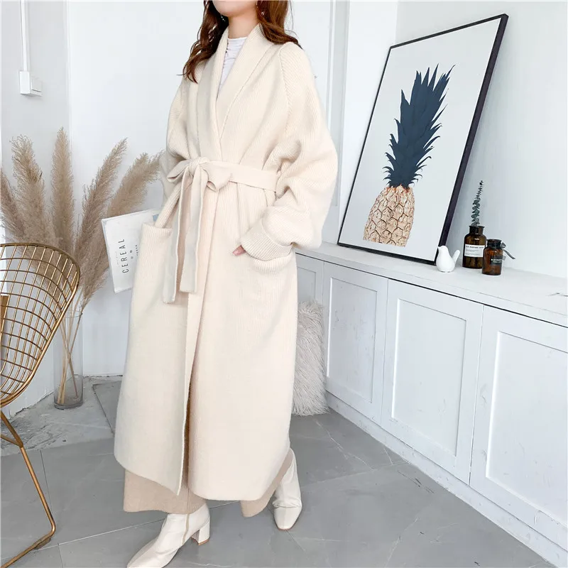 Alpaca Knitted Cardigan Women's Autumn and Winter New Mid-length Skirt Loose Thick Nightgown Lace-up Large Sweater Coat Long