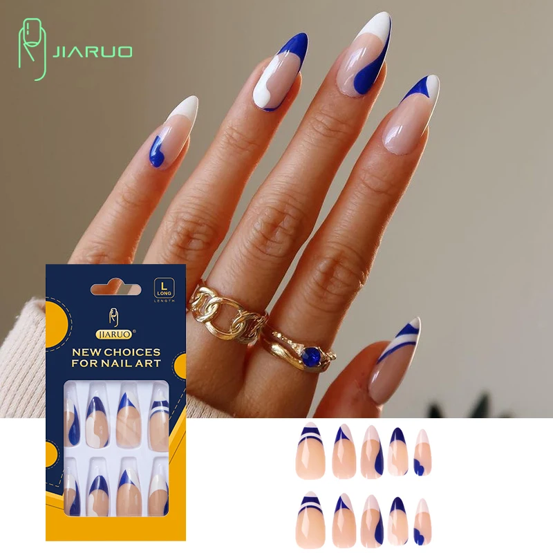 

JIARUO 24PCS/BOX Press on Nails Short Almond False Nails Y2k Full Cover Blue and White Colorblock Nail Sticker French Nail Art