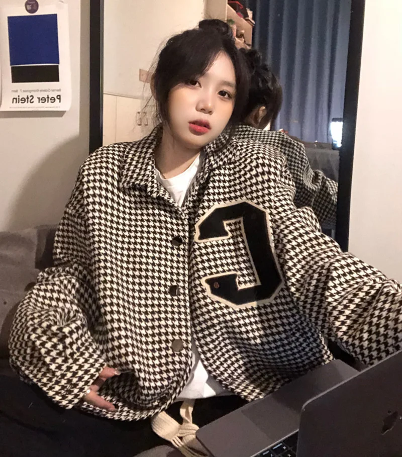

Vintage small fragrance thousand bird lattice coat women's spring and autumn loose and versatile hiphop fried Street Jacket Top
