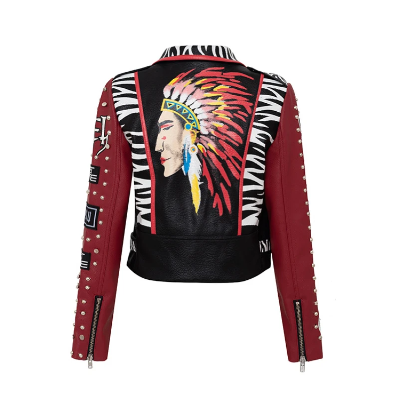Graffiti Print Motorcycle Leather Jacket Women 2023 Trend Punk Rivets Streetwear Black Red Stitched Faux Leather Cropped Jacket