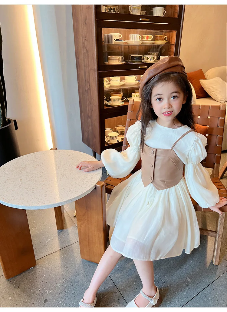 Mom and Daughter Parent-child Dresses 2022 Autumn School Girl Retro French Lantern Sleeve Dress Tube Top leather Vest Two-piece