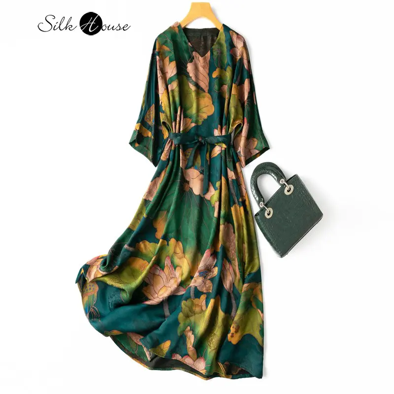 

Craft Lotus Leaf Fragrant Cloud Gauze Big Gown 45MM Heavy Weight Satin Silk Dress Double Sided 2022 Women's Fashion New Style