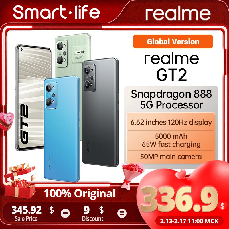 

realme GT2 GT 2 5G Mobile Phone Snapdragon 888 50MP 6.62'' 2K AMOLED 5000mAh Smartphone 65W Charge Android 12 NFC CellPhone