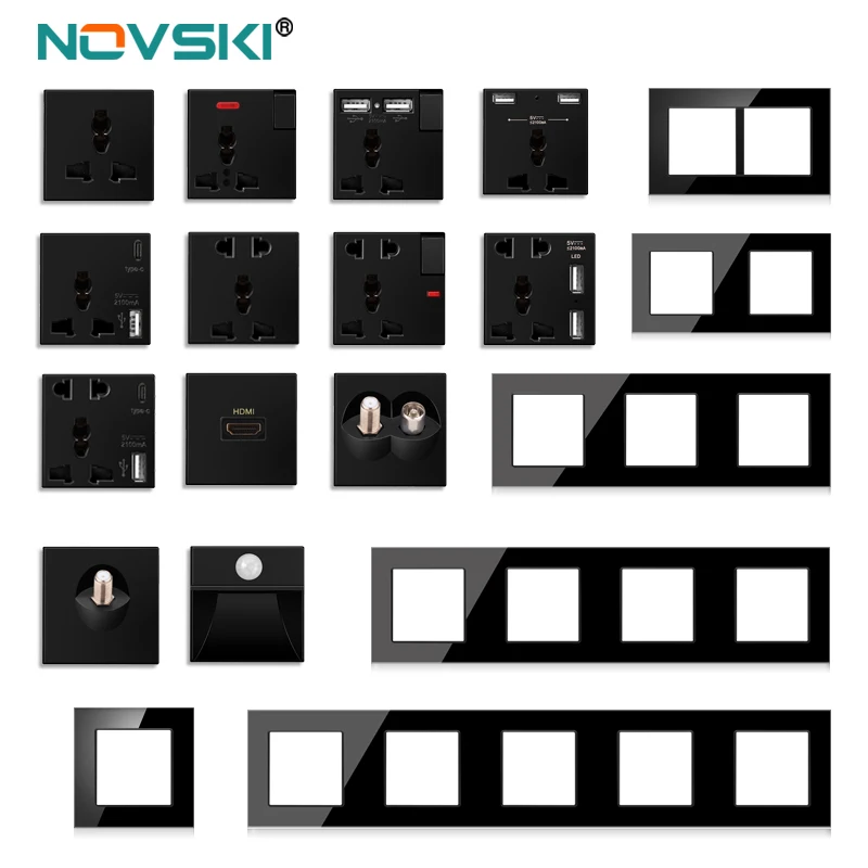 Фото Настенный модуль Novski «сделай сам», черная универсальная розетка, USB-панель из закаленного стекла, комбинация функций спутника, ТВ, HDMI №1