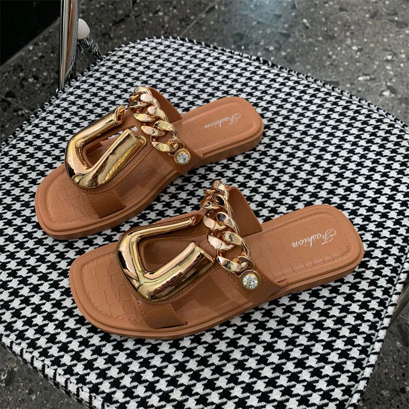 

Women Chain Slippers Rhinestone Decor Slides Summer PVC Outdoor Woman Flip Flops 2022 Beach Female Lady Slipper Flats Shoes