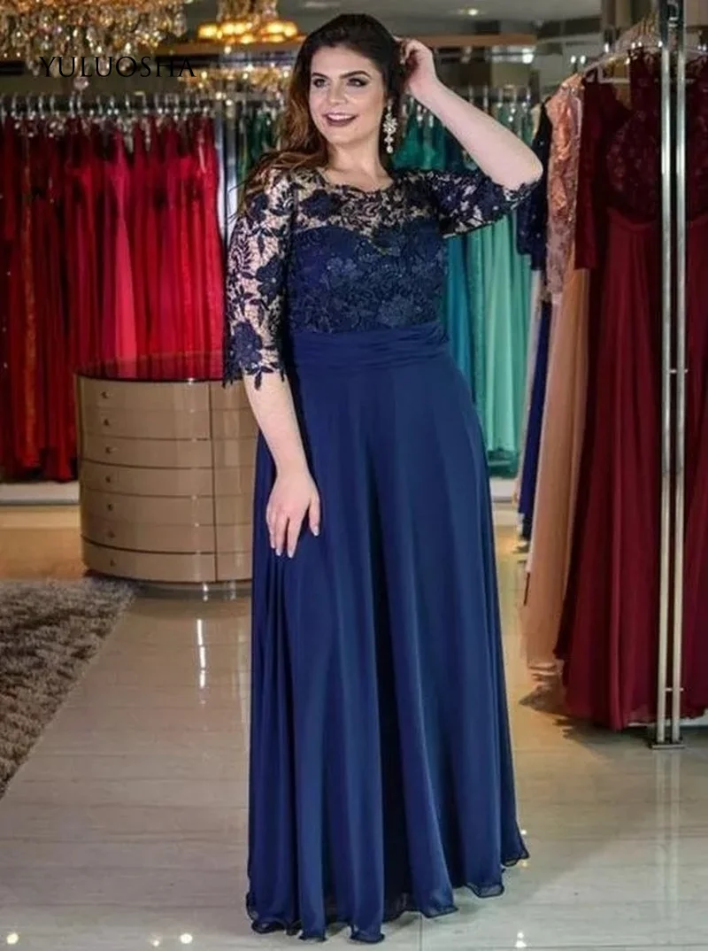 

Mother of The Bride Dress O-Neck Three Quarter Sleeve Chiffon Wedding Party Gowns Lace A-line Mother Dresses for Wedding
