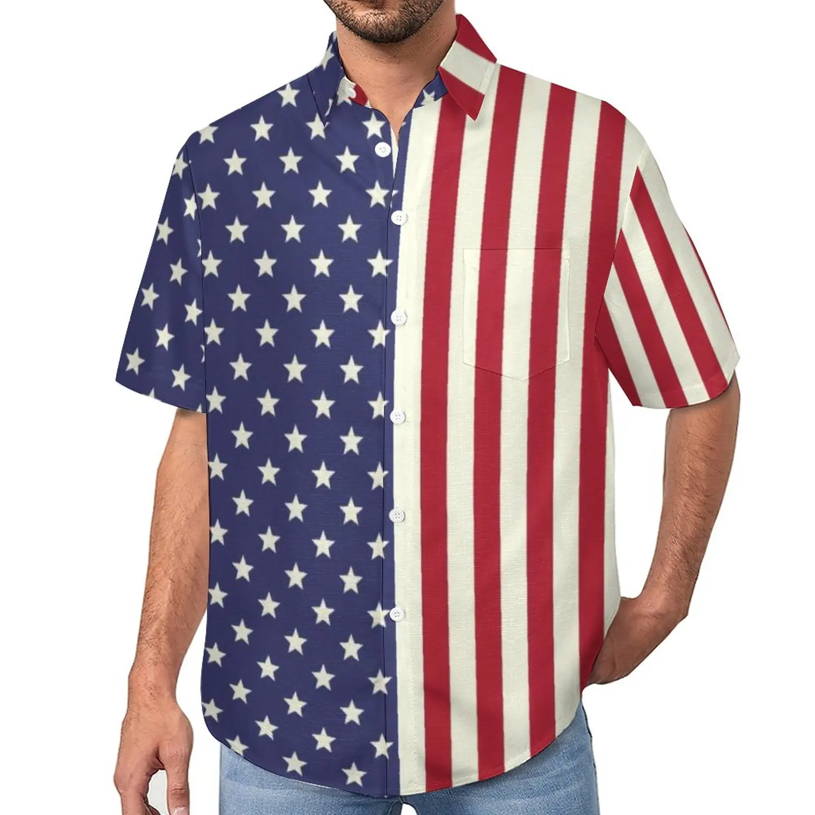 

American Flag Patriotic Blouses Men Two Tone Stars Print Casual Shirts Hawaiian Short Sleeve Custom Fashion Oversize Beach Shirt