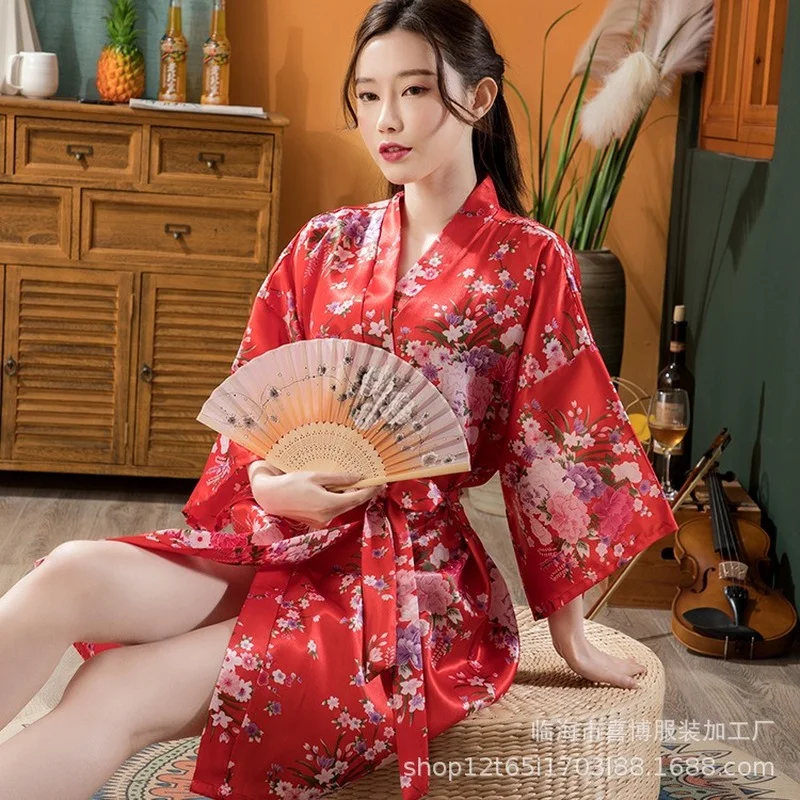 Women Nightgown Short Sleep Top Simulated Silk Pajamas Set Thin Cardigan Loose Bathrobe Printing Fashion Sexy New