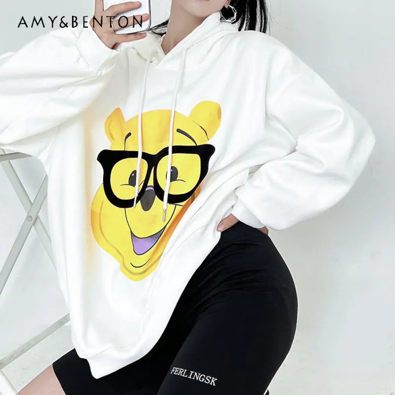 Women's Cartoon Bear Printed Hoodie Mid-Length Baggy Coat Casual New Fashion Hooded Sweatshirt for Ladies Loose Pullover Tops