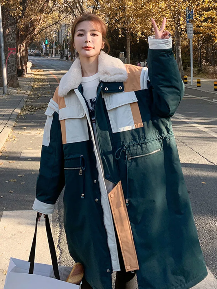 

LANMREM Thick Warm Cotton Padded Coats Women 2022 Winter Faux Fur Lining Color Block Long Loose Parkas Stylish Clothing 2R8302