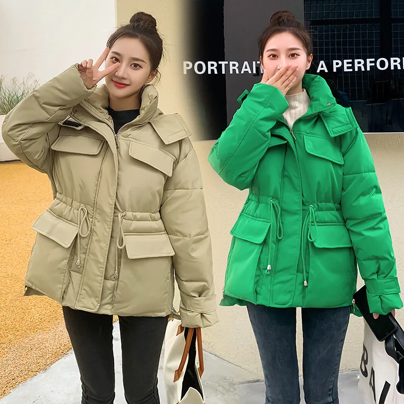 GRELLER New Winter Women Jacket Short Thicken Outwear Hooded Wadded Coat Drawstring Parkas Cotton-padded Puffer Jacket Clothes