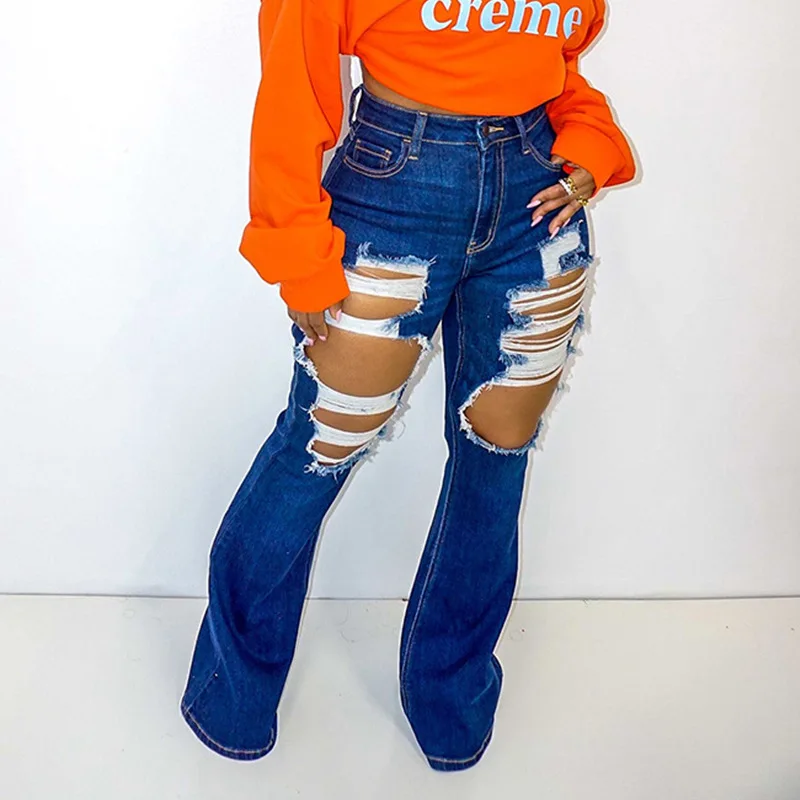 

Women Jeans Spring Autumn Fashion Slim Ripped Denim Bell-Bottom Pants Streetwear Vintage High Waist Button Jeans for Women