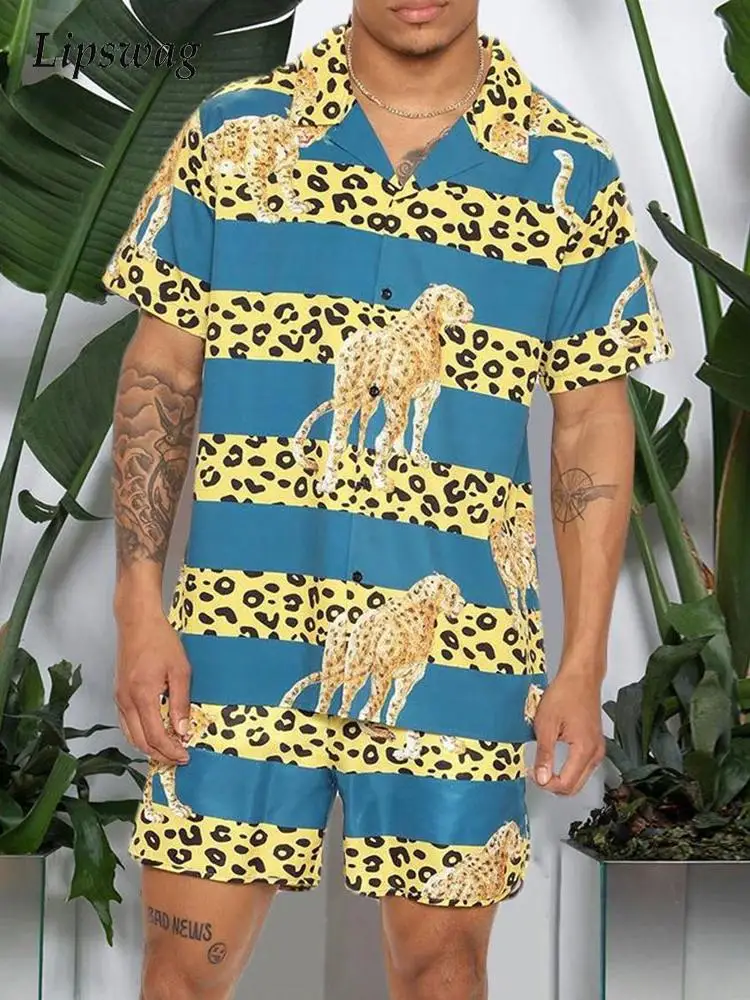 

Рубашка и шорты мужские с коротким рукавом, Модный комплект из двух предметов, винтажный костюм с леопардовым принтом, уличная одежда, лето