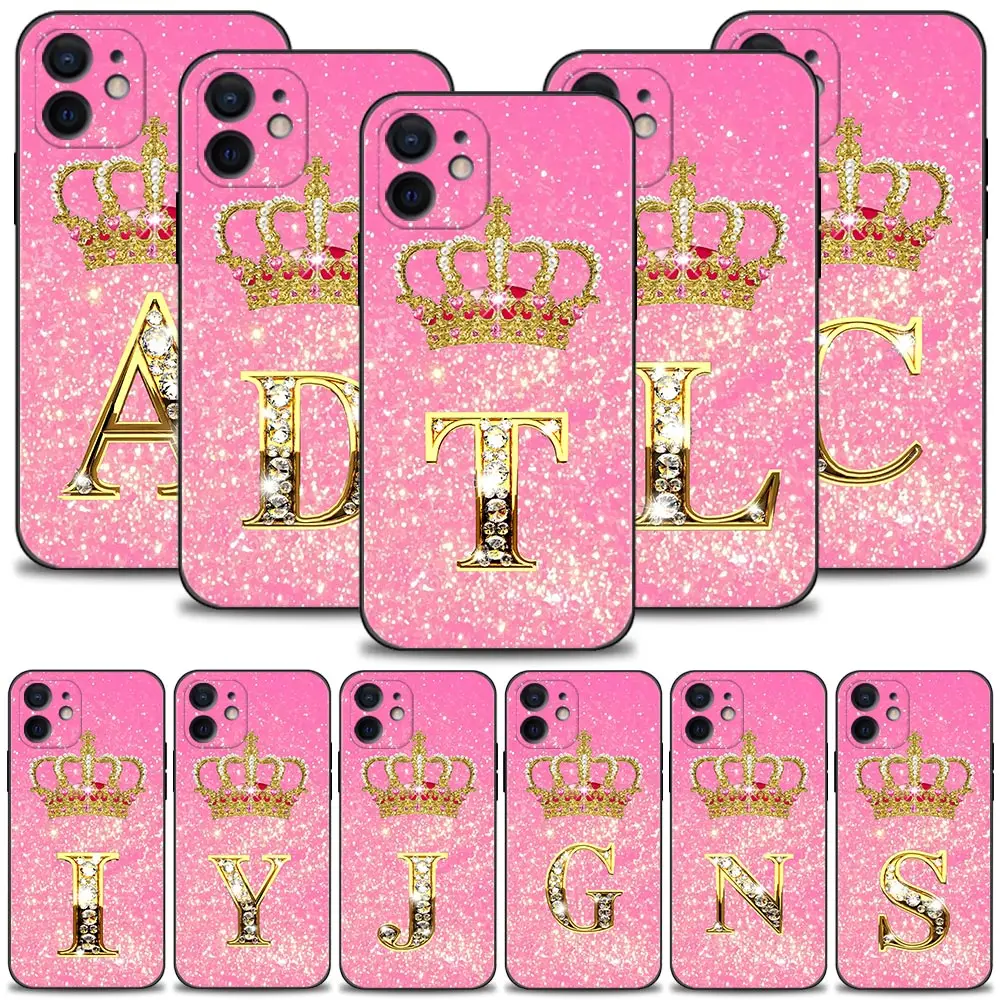 

Phone Case For Apple iPhone 13 12 11 14 Pro Max Mini XS Max XR X 7 8 6 6S Plus 5 5S Shell Fundas Pink Gold Diamond Crown Letter