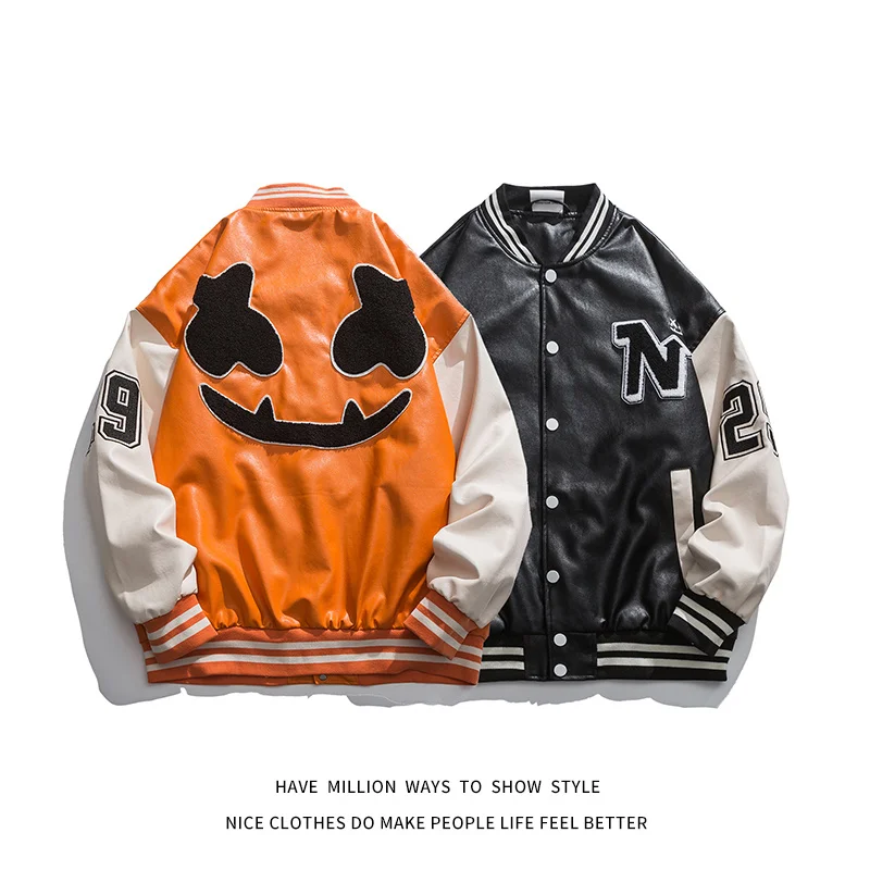 

New Arrival Autumn And Spring PU leather Embroid Motorcycle Men's Bomber Jacket Stadium Unisex Women's Varsity Letterman Coat