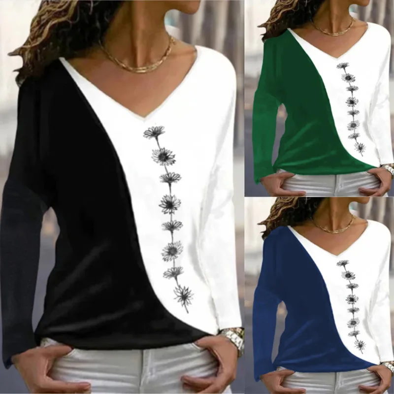 

Женская Повседневная футболка с длинным рукавом, Свободный пуловер с цветочным принтом, дизайнерская рубашка, Осень-зима 2022