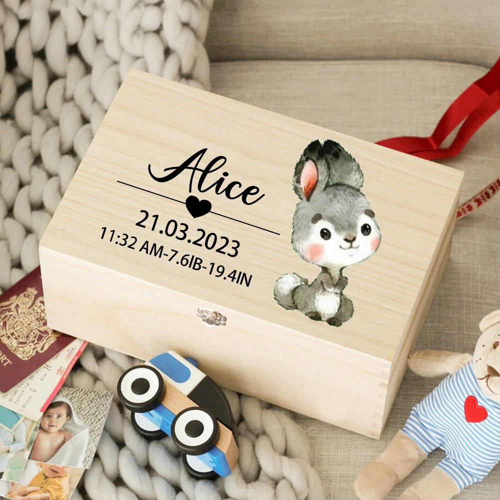 Custom Wooden Baby Box Newborn Baby Gift Personalised Infant Memory Box Cute Animal Print Wood Box Birth Stats Gift New Mom Gift