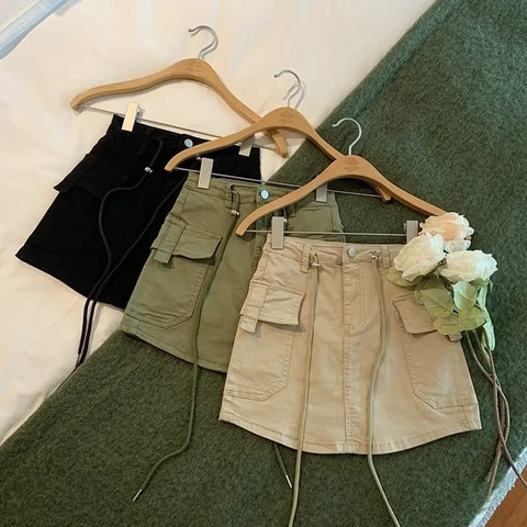 Vintage High Waist Mini Skirt with Belt Women Korean Fashion Pocket Demin Cargo Skirt Woman Y2k Drawsting H Line Skirt Shorts