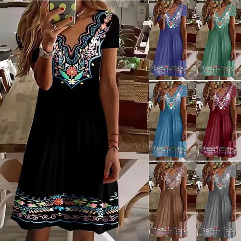 

2022 Summer Women's Wave V-neck Printed Sleeves Pastoral National Style Casual Dress Female