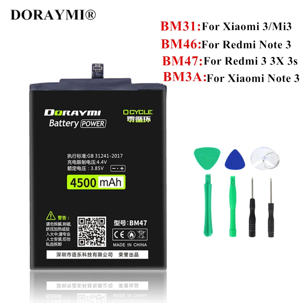 

Аккумулятор DORAYMI BM3A BM31 BM46 BM47 для Xiaomi Mi3 Redmi Note 3 3X 3S 3Pro 4X, сменная батарея для телефона с инструментами