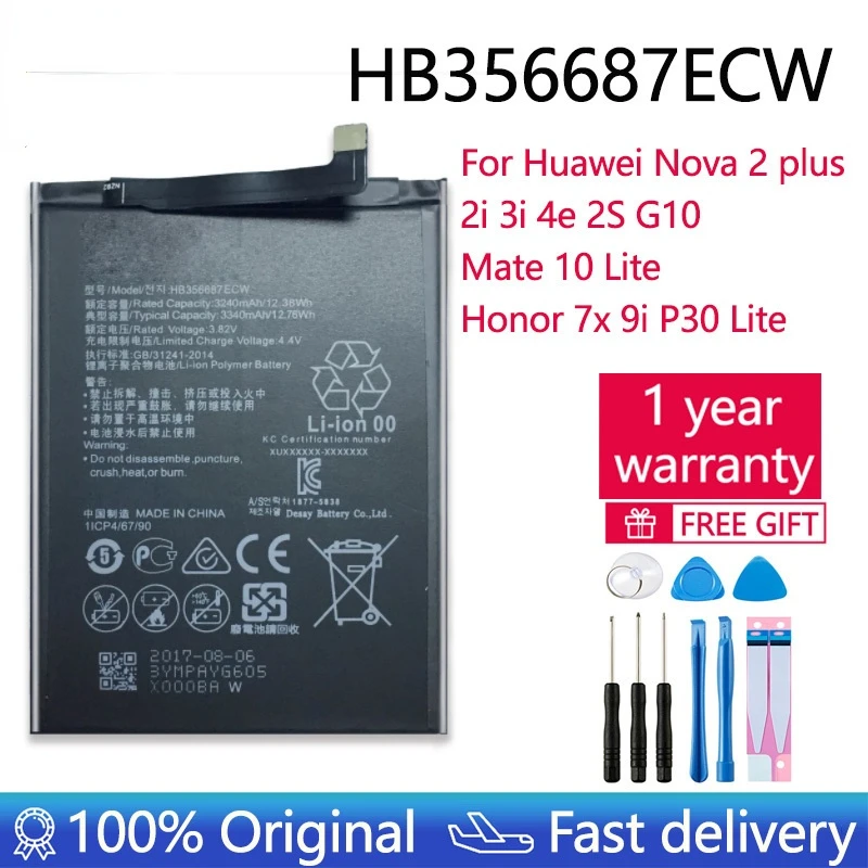 

Original 3340mAh HB356687ECW Battery For Huawei Nova 2 plus 2i 3i 4e 2S G10 Mate 10 Lite Honor 7x 9i P30 Lite Bateria