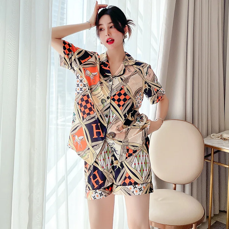 New pajamas women's ice silk short-sleeved shorts large size thin section simple loose can be worn outside the home clothes suit