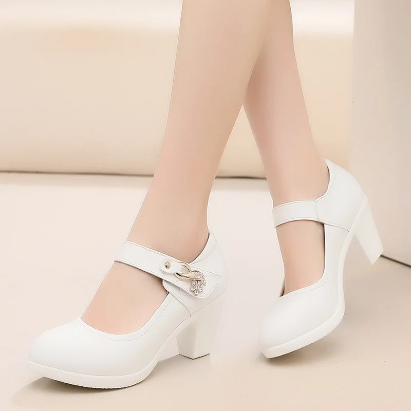 

Genuine Leather Round Head 6CM Thick Heel Show Model Shoes Hook&Loop Middle Heel Square Dance Shoes Women's Work Footwear