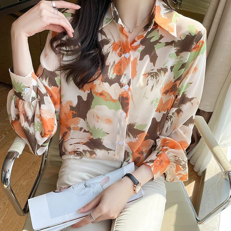 

New spring chic design, high-grade exquisite oil painting floral shirt, chiffon shirt female 955f,510-7