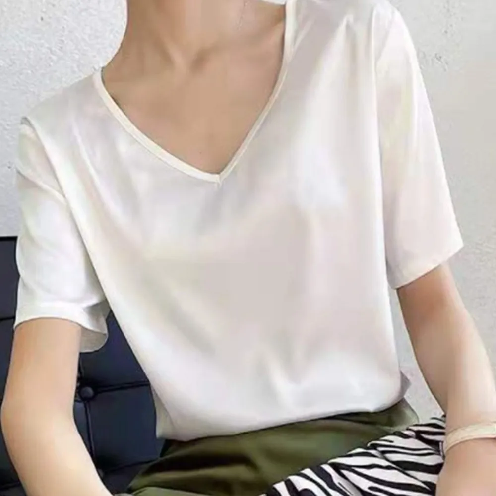 

Women Vintage Top New Elegant Summer Short Sleeve T-Shirt Oversized T-shirts V Neck Silk Satin Blouses Ropa Mujer