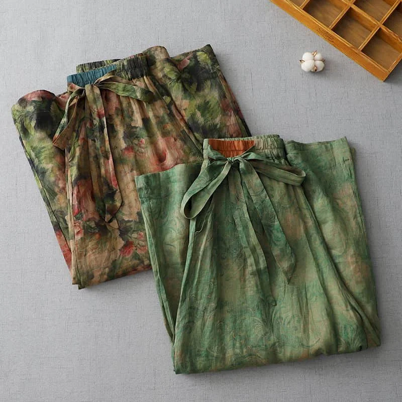 Брюки из хлопка и льна с принтом Свободные повседневные винтажные модные штаны в