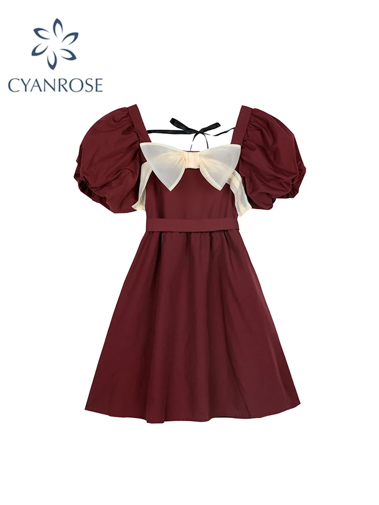 

Women Summer Wine Red Short Dress Bow Fashion French Vintage Puff Sleeve Romantic Casual Bandage A-Line Dress Female 2022 New
