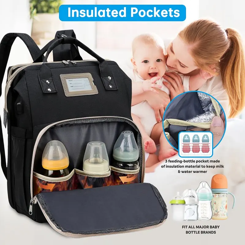 Diaper Bag Backpack, Multifunctional Baby Changing Bag with Foldable Crib & Insulated Milk Bottle Pocket, Large Capacity Travel