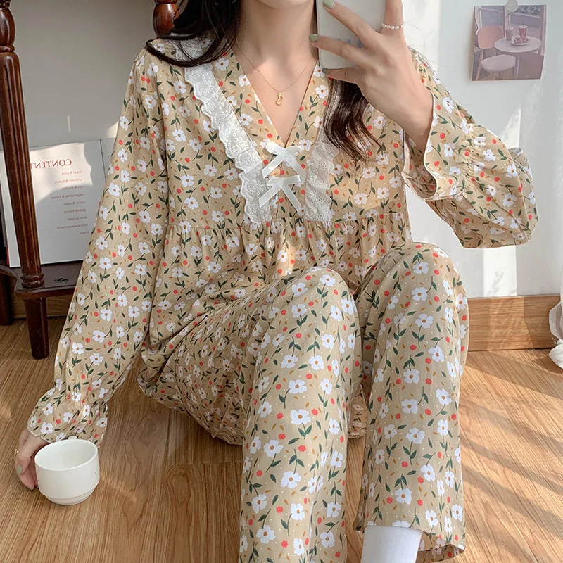 Pjamas For Women Long Sleeve Cotton Silk Ensemble Femme 2 Pièces V-neck Lace Edge