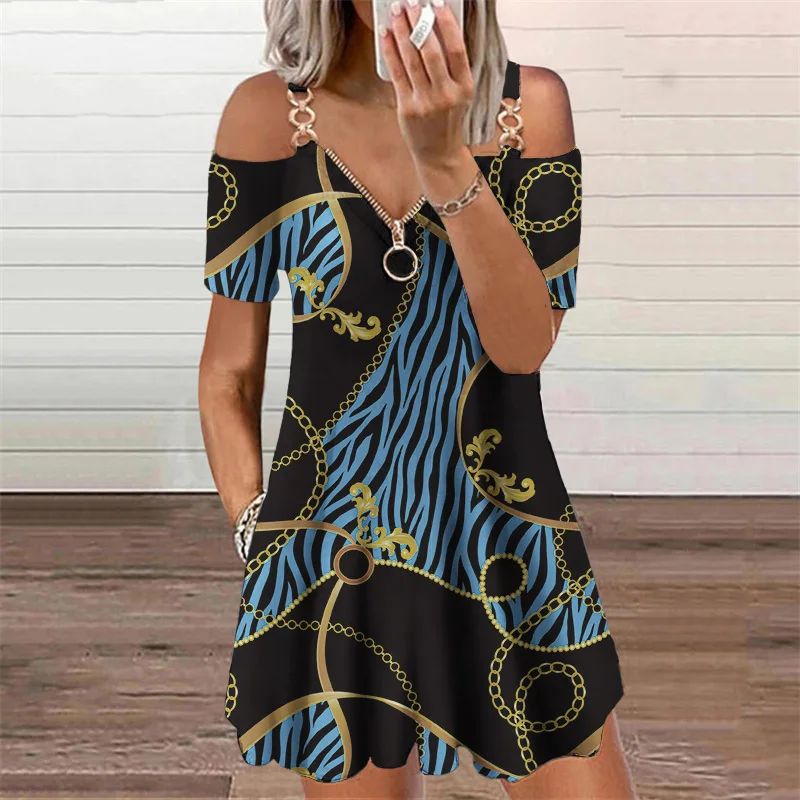 

Chain Graphic Print Mini Dress for Women Clothing Summer 2022 New Casual Loose Oversize Zipper Camisole V-Neck Aesthetic Dresses