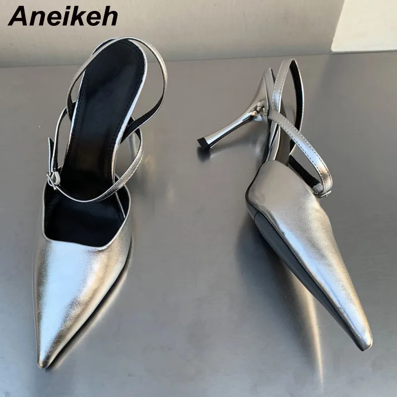 

Aneikeh 2024, модные пикантные туфли из лакированной кожи на тонком высоком каблуке, женские туфли с острым носком и открытым каблуком, с пряжкой и ремешком, свадебное платье