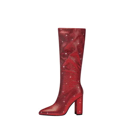 

2023Foreign Trade All Sky Star Water Diamond Pointed Thick Heel Ultra High Heel Women's Boots Knee Length Boots Large Size Boots