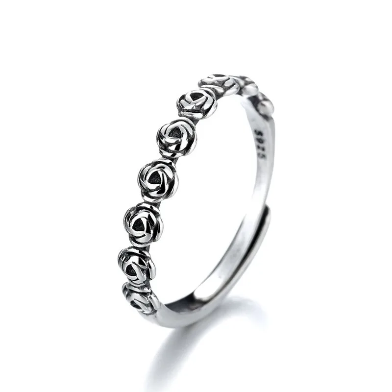 

A042J ZFSILVER Silver S925 Fashion Trendy Adjustable Fine Retro Luxury Romantic Flower Roses Ring For Women Wedding Jewelry Gift