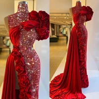 high neck red mermaid womens evening dresses side split ruffle celebrity dress sequins beading vestido de novia