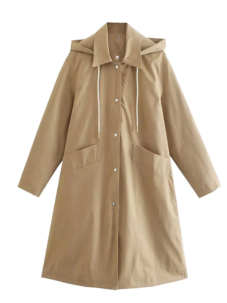 

Однотонное пальто средней длины с капюшоном модное повседневное свободное женское длинное пальто 2023 женская элегантная уличная одежда на осень/зиму