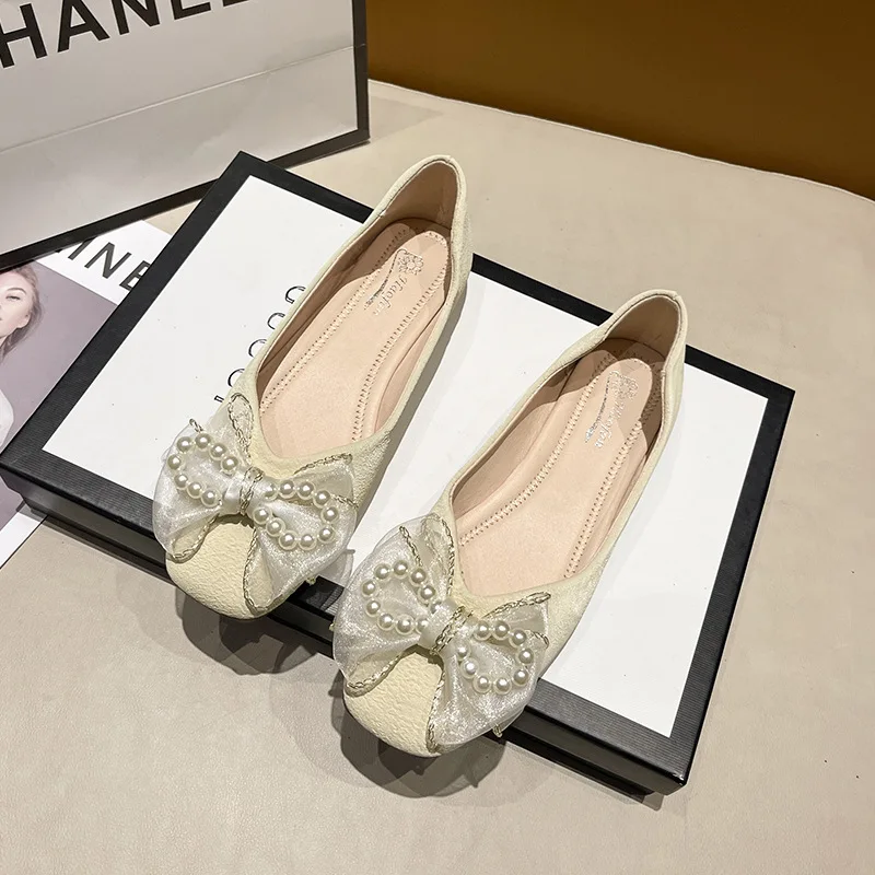 

Slip On Shoes For Women Square Toe Casual Female Sneakers Bow-Knot Modis Pearl Decorateion Flats Shallow Mouth Slip-on Summer Mo