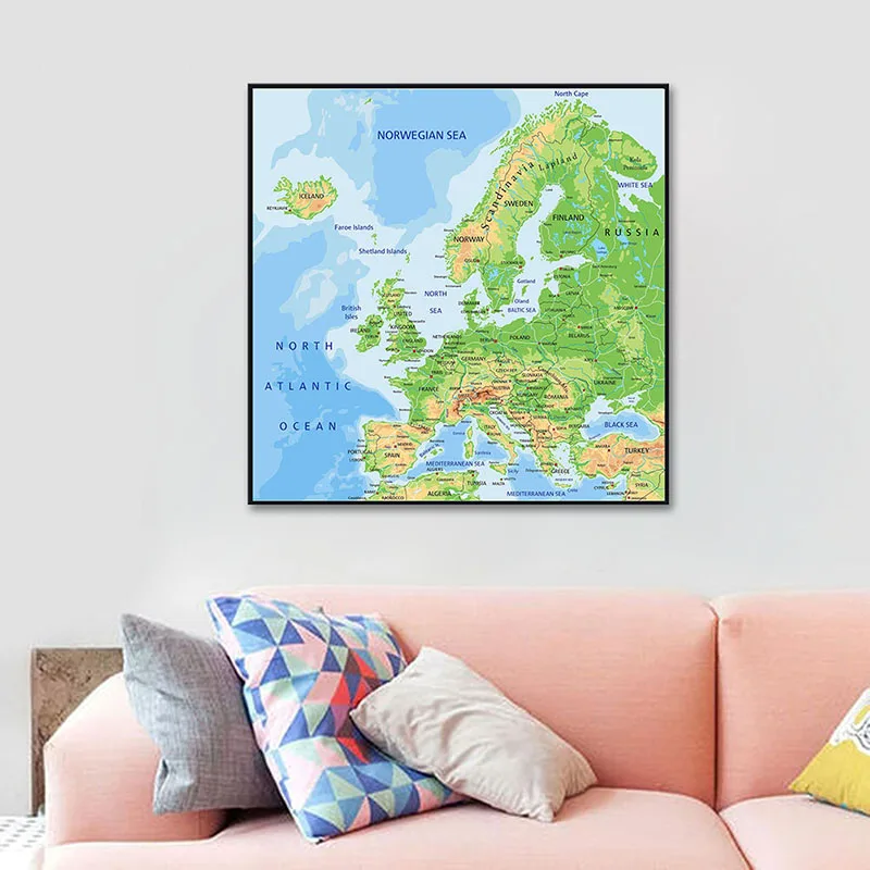 

60*60cm Map of The Europe Wall Art Poster Orographic Maps Decorative Canvas Painting Children School Supplies Home Decoration