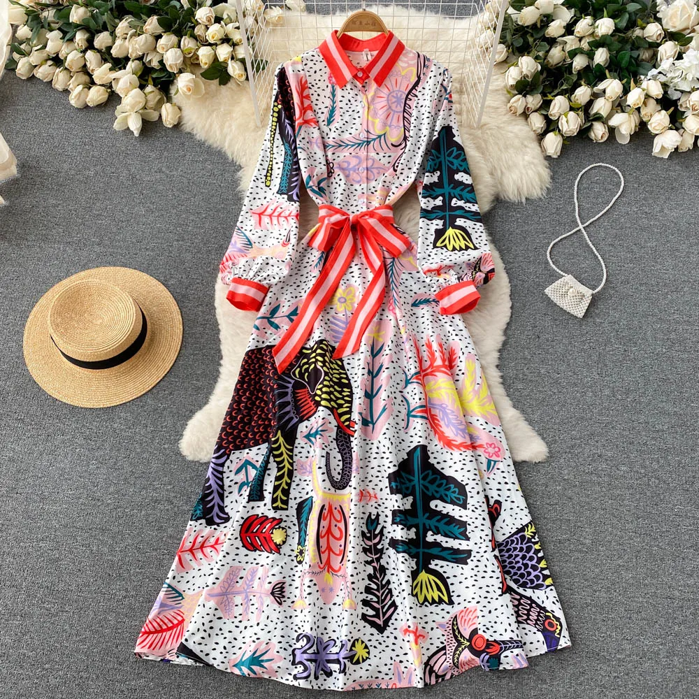 

New European and American Fashion Personality Temperament Printed Lapel Long-sleeved Large Swing Waist Bow Tie Loose Dress