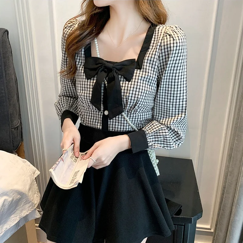 F GIRLS French Style Chic Shirts Women Bow Knot Design Square Collar Buttons Design Long Sleeve Blouse Hit Color Plaid Tops enlarge