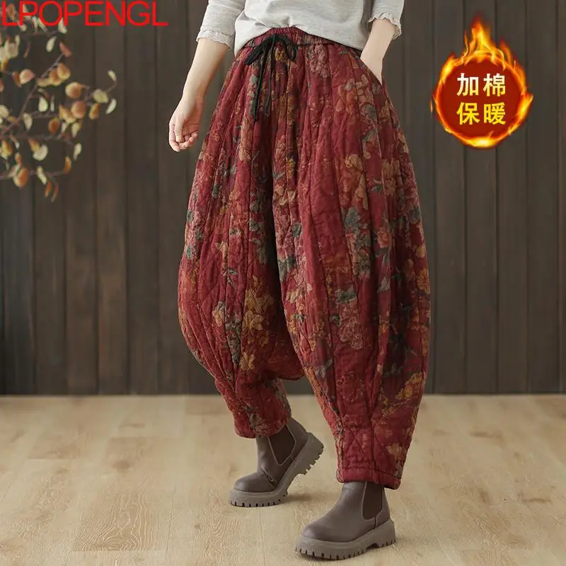 Хлопковые льняные брюки в этническом стиле с принтом ретро женские осенние и