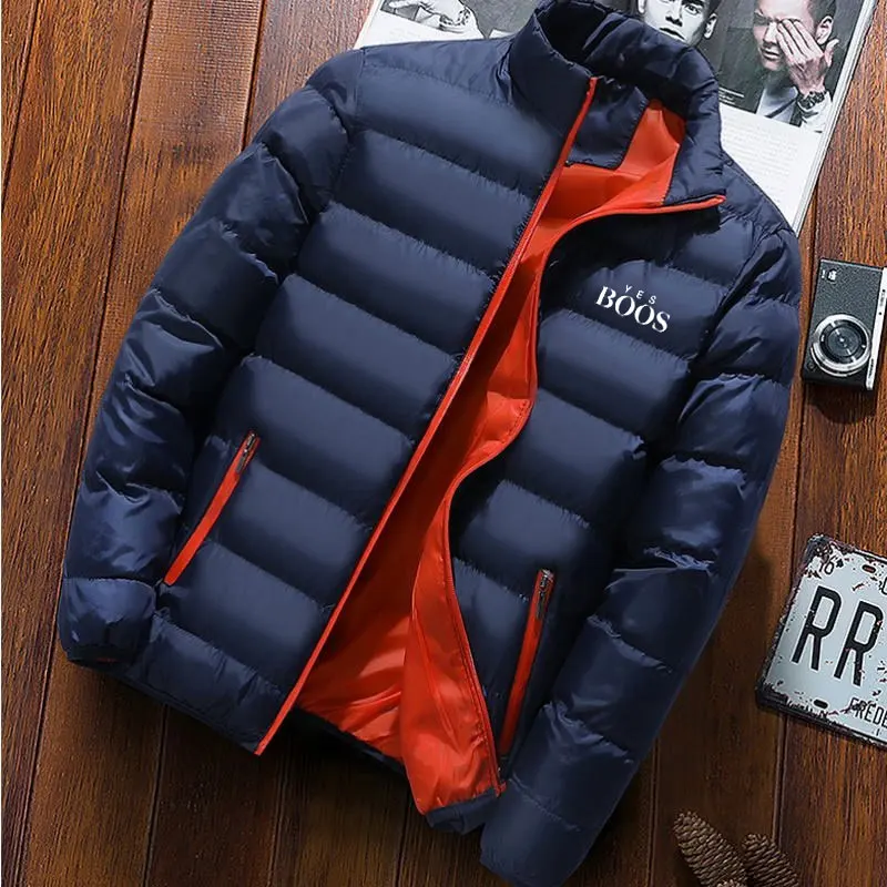 Solid color printed stand collar men's windproof cotton pad down jacket thick men's new warm parka jacket winter casual men's