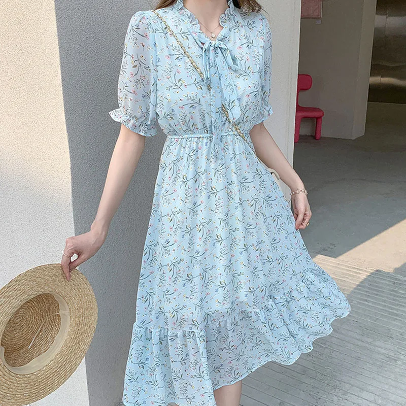 

Summer Dresses Women 2022 Floral Sweet Loose Pleated Chiffon Dress Bottoming Draped Elegant Flare Sleeve Female Blue White 2033