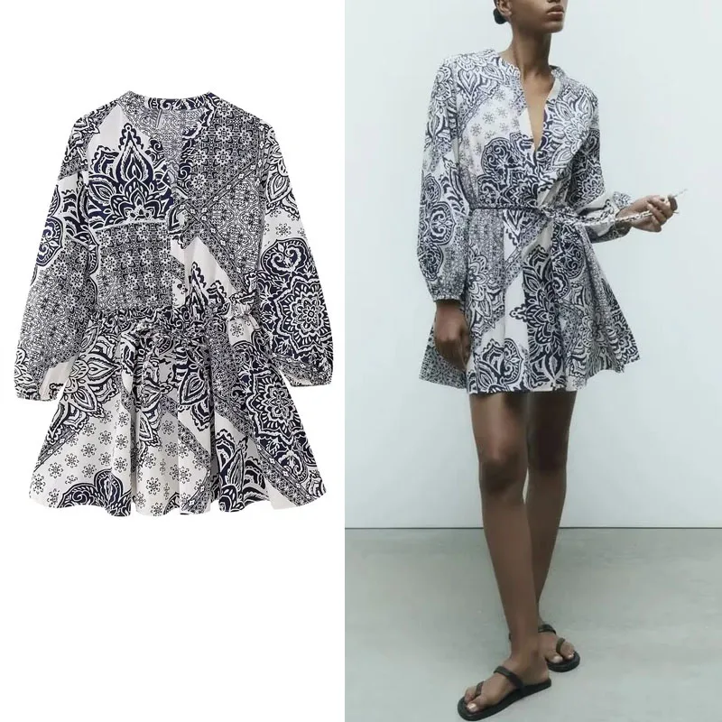 

Женское мини-платье с круглым вырезом, длинным рукавом и поясом