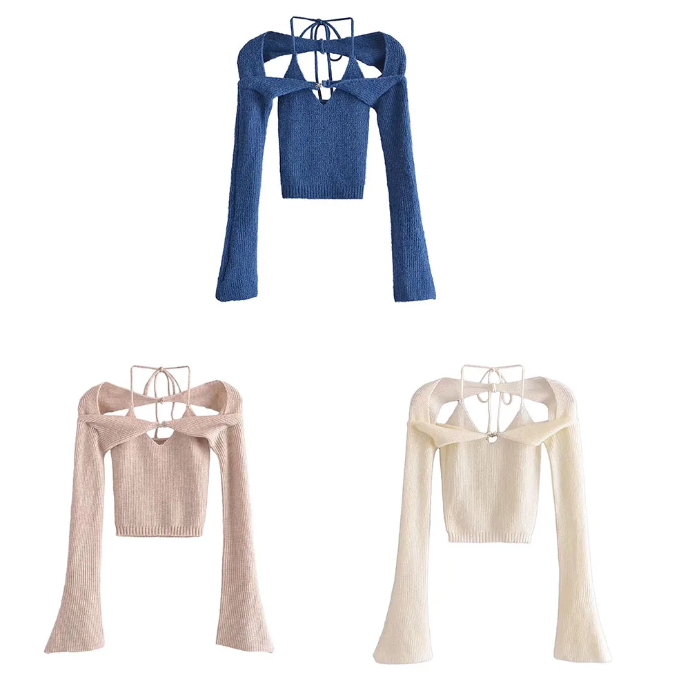 

2022 new women's fashion sling knitted two-piece halter neck off-the-shoulder long-sleeved knitted sweater women's vest chic top